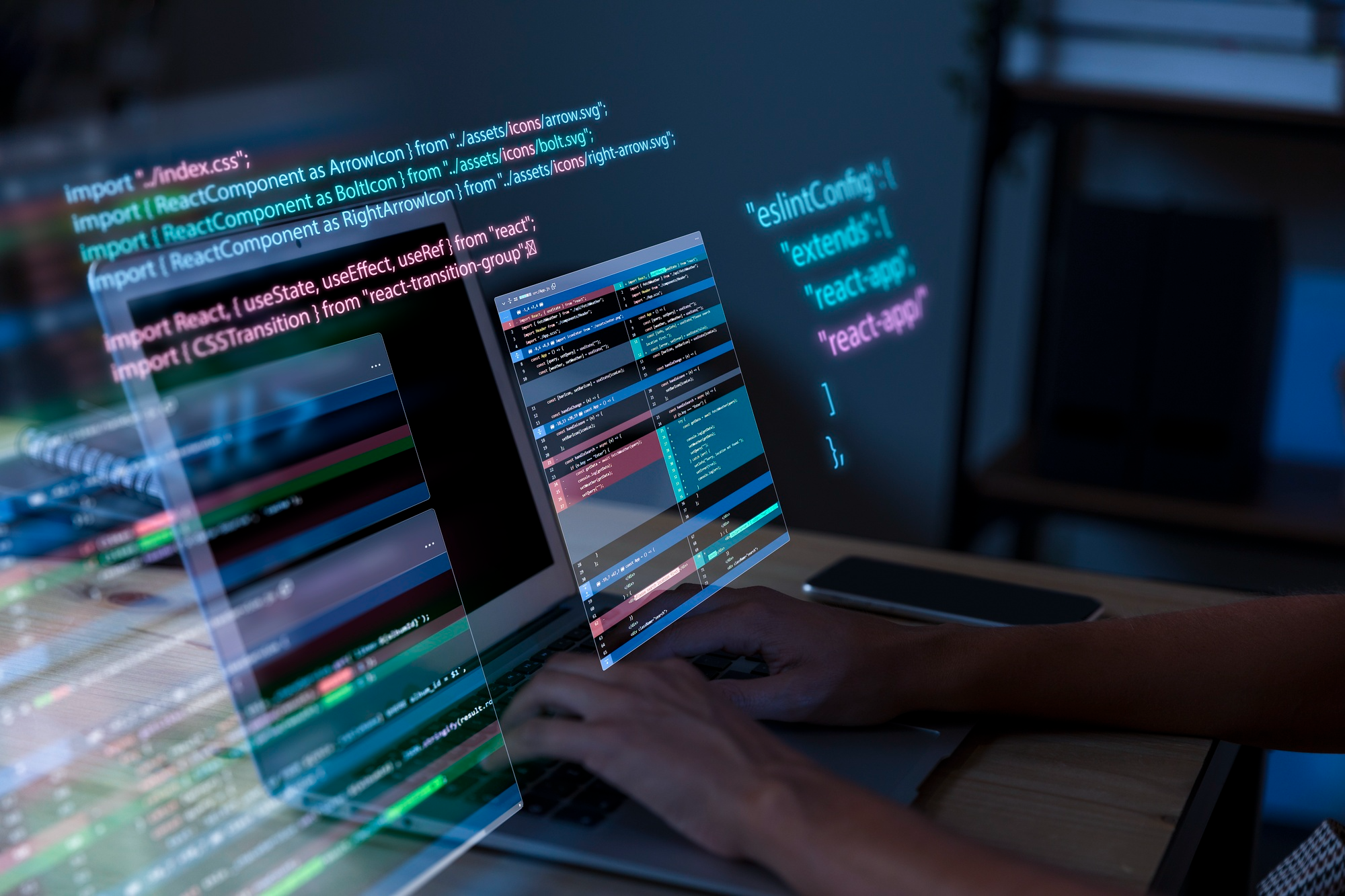 Programmer typing on a laptop with colorful lines of code displayed on the screen, representing the expertise of Top Web Development Companies in Hyderabad