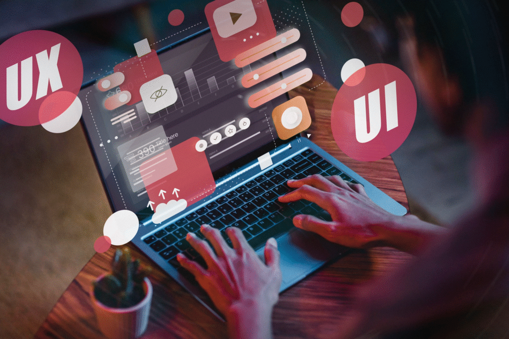 Person working on a laptop with floating digital interface icons and UX/UI graphics, representing the concept of Web Design vs Web Development.