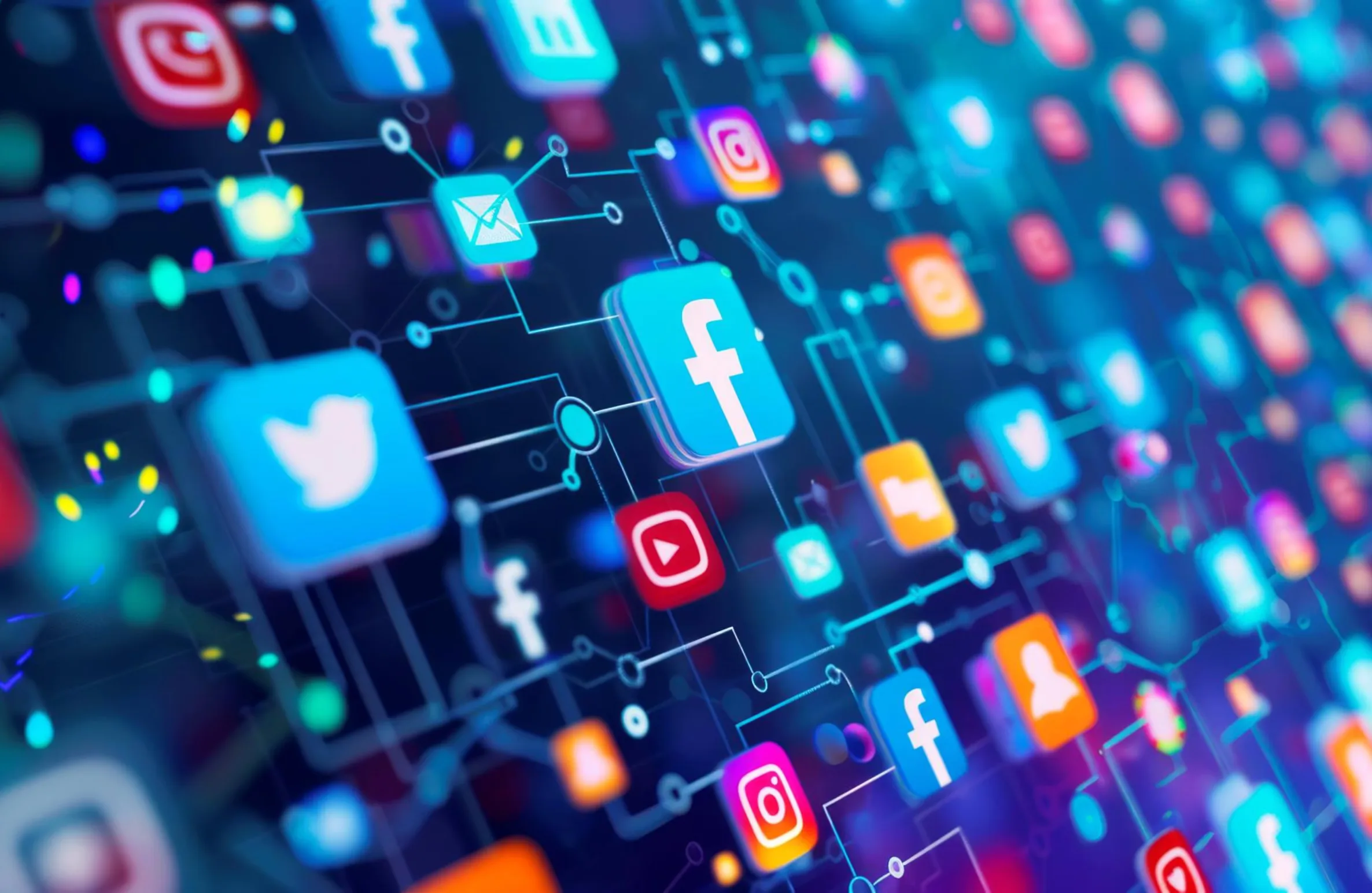 Colorful digital illustration of popular social media icons like Facebook, Twitter, Instagram, and YouTube connected through a network, representing online engagement and strategies by Social Media Marketing Agencies in Hyderabad.