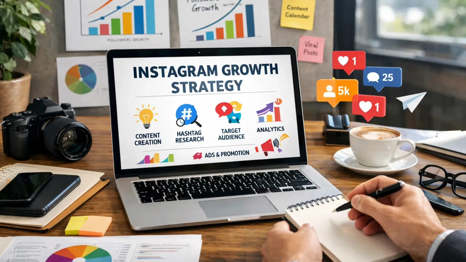 Laptop displaying an Instagram growth strategy dashboard with content creation, hashtag research, target audience, analytics, and ads promotion icons, surrounded by charts, camera, coffee cup, and social media engagement notifications, representing social media marketing services in Hyderabad.