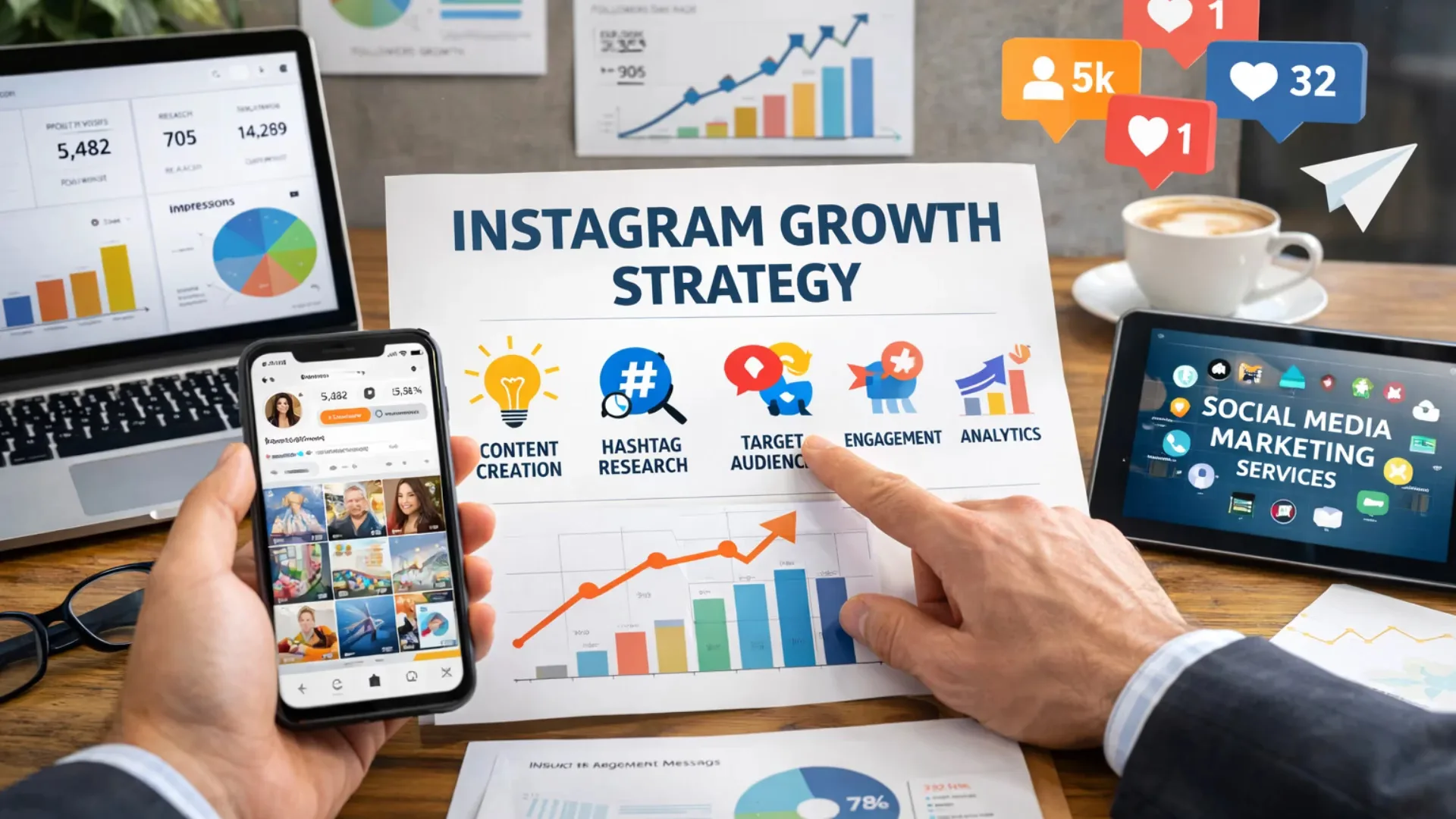 Instagram growth strategy visual showing a social media marketer in an office analyzing analytics charts, engagement metrics, and hashtag research on a laptop, tablet, and smartphone, representing social media marketing services in Hyderabad focused on audience targeting and content growth.