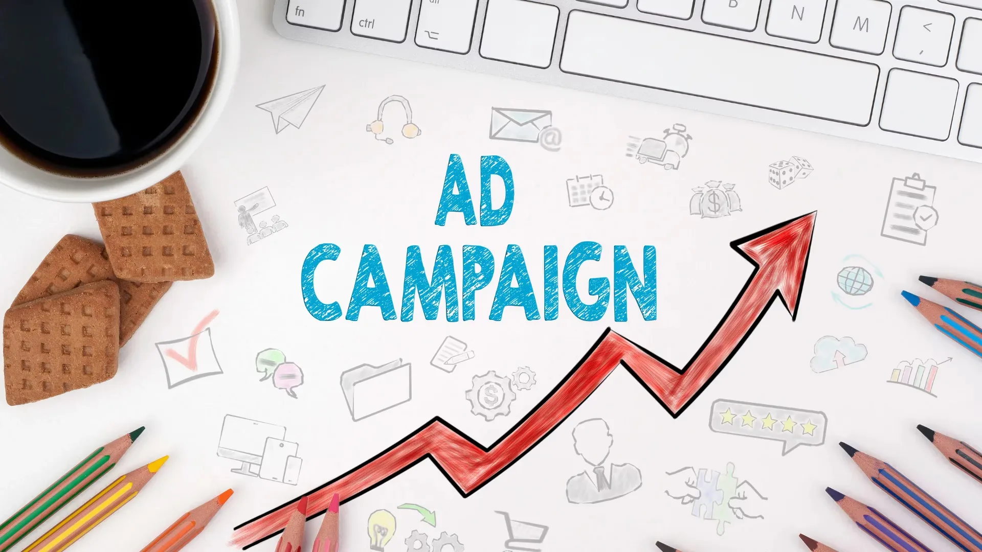 Illustration showing ‘Ad Campaign’ text with an upward red growth arrow, representing paid ads setup and performance strategy by social media marketing services in Hyderabad.