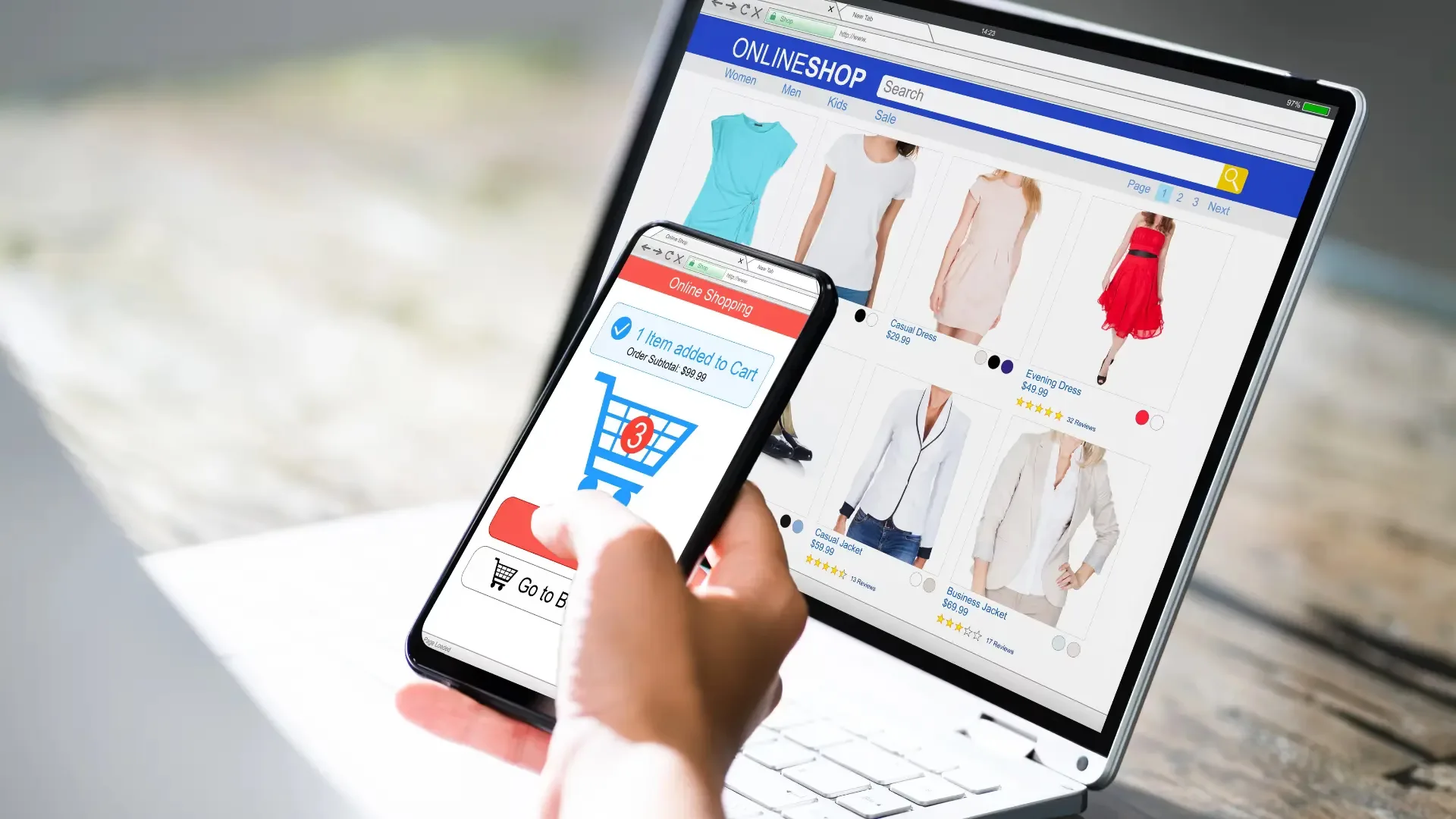 Person using a smartphone and laptop to browse an e-commerce website, illustrating the importance of mobile-first website development for modern online businesses.