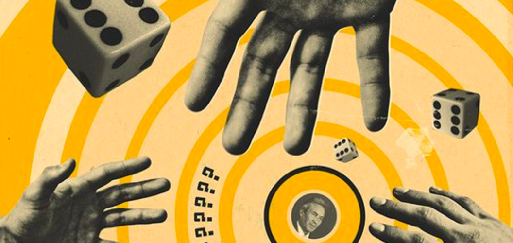 Surreal collage with floating hands, dice, and concentric circles, symbolizing the concept of 'Design Decoded' in a visually compelling way